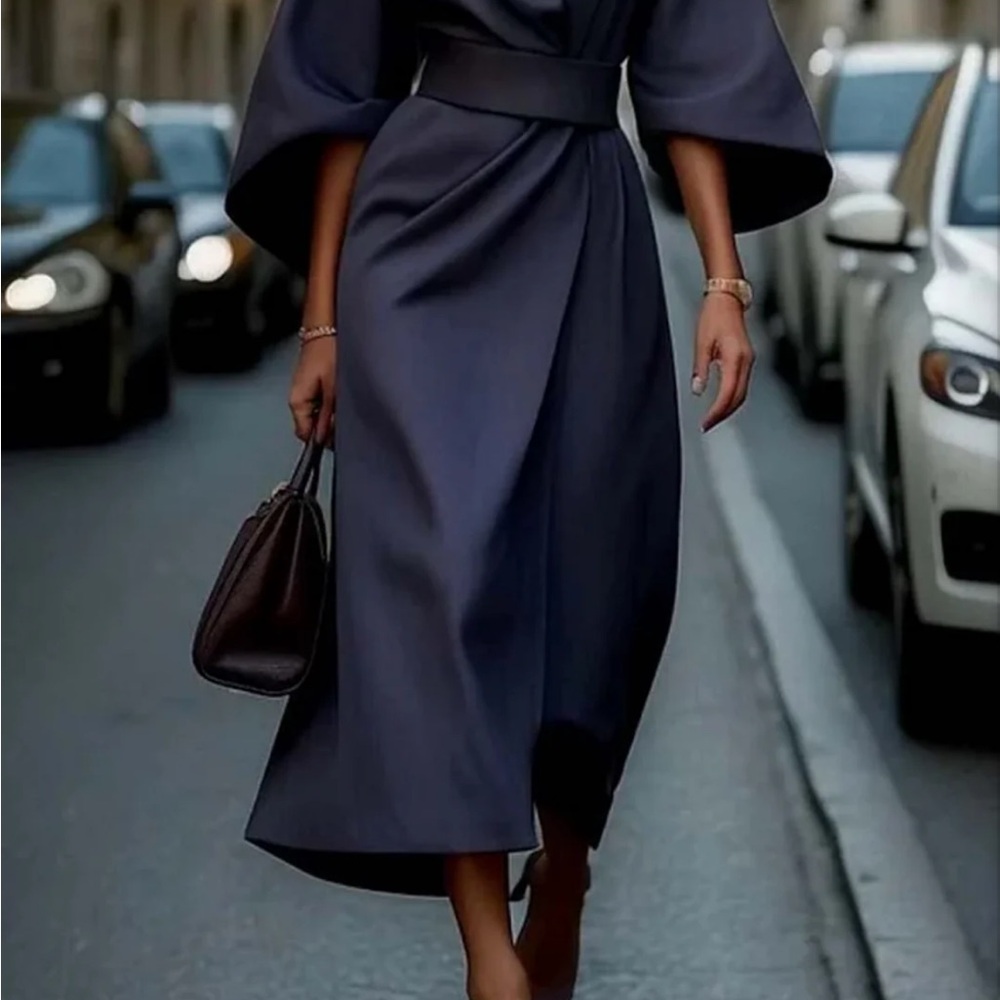 Asymmetrical Blue Wrap Gown with Bell Sleeves